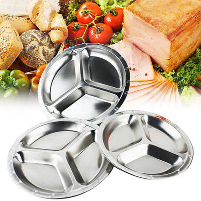 22/24/26cm Stainless Steel 3 Sections Breakfast Plate Divided Portable Barbecue Picnic Tray Portion Control Plate For Eating
