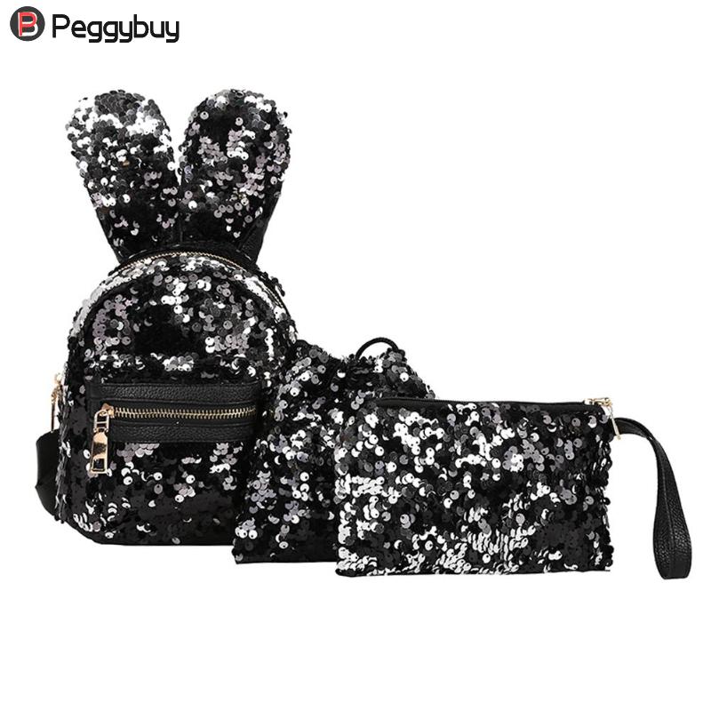 Mochila de lentejuelas para mujer, 3 unidades por juego, Linda bandolera con orejas dobles, Mini mochila para niños y niñas, mochila de viaje con lentejuelas: Black