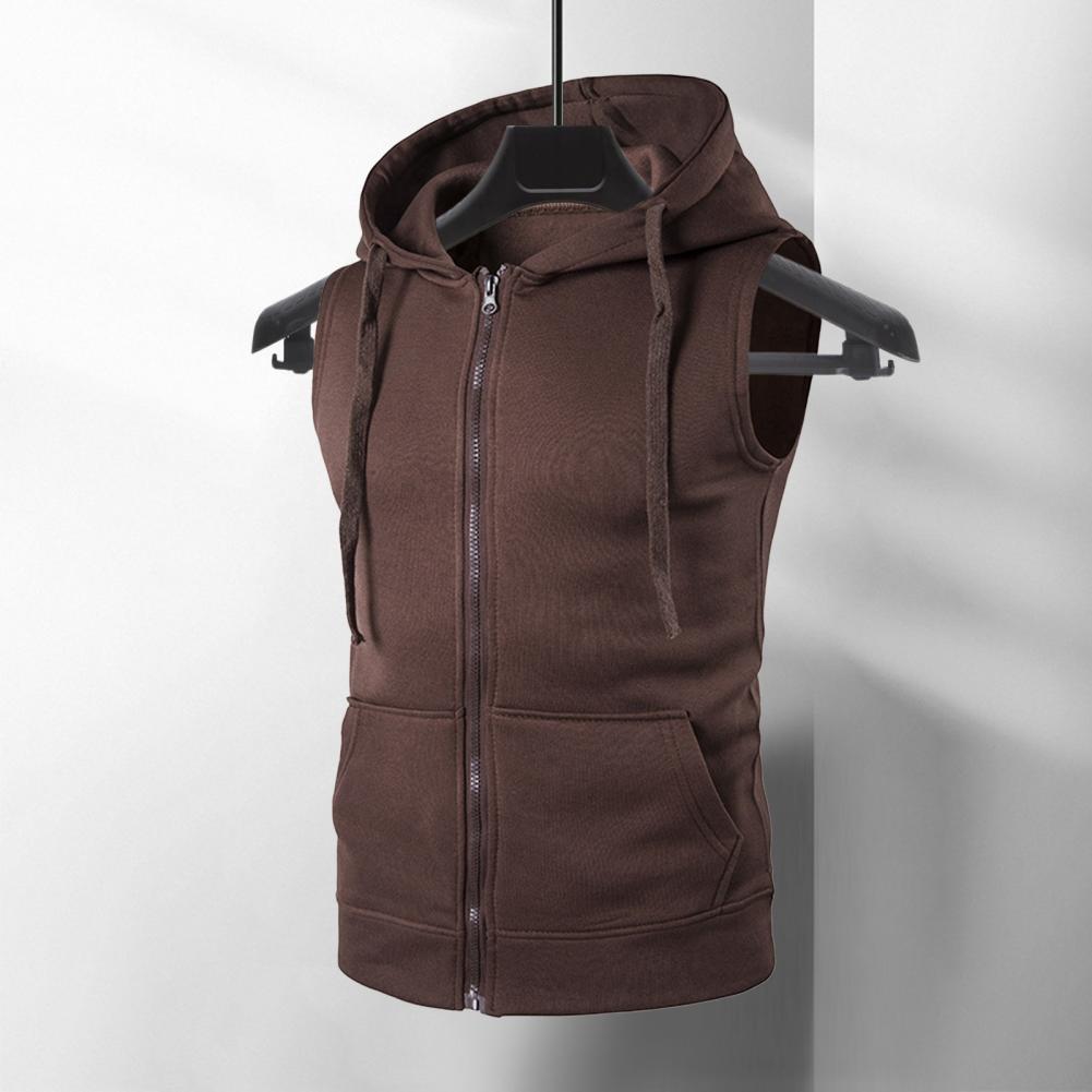 Heren Vest Jas Capuchon Trekkoord Mouwloze Rits Knoopsluiting Vest Jas Effen Kleur Zakken Rits Plakkaat Gilet