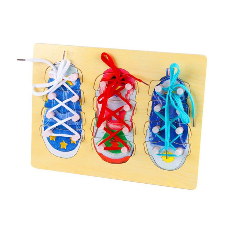 (Pack of 3) Wooden Lacing Shoe Toy Learn to Tie Shoelaces, Fine Motor Skills Toy Threading Toy Board Game for Kids Q0KB