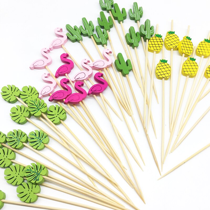 100 st flamingo bambu hackor ananas kaktus blad cupcake frukt gaffel dessert sallad stick cocktail spett för fest dekoration