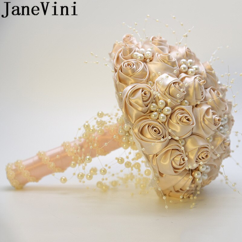 Janevini 2020 nova noiva flores cetim rosa pérolas rosa casamento buquê de cristal nupcial buquê fleur artificielle branco broche