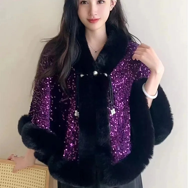Poncho Mantel Schal Damen Herbst Winter Kurzer Druck Plüsch Verdickter Nachahmung Kaninchenfell Kragen Cheongsam Hochzeit Cape Mantel: Dark Grau
