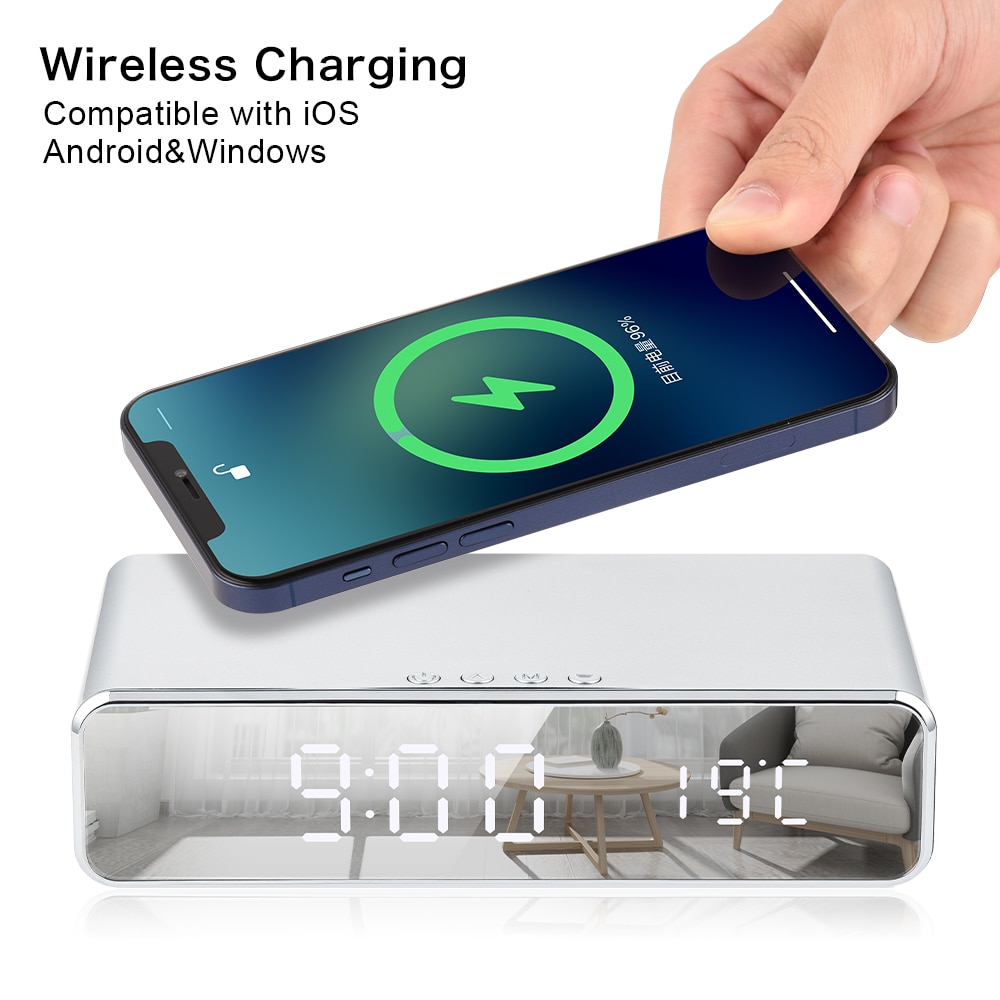 3 in1 LED Electric Alarm Clock Wireless Charger Phone Charging Pad Digital Thermometer Clock HD Clock Mirror With Time Memory
