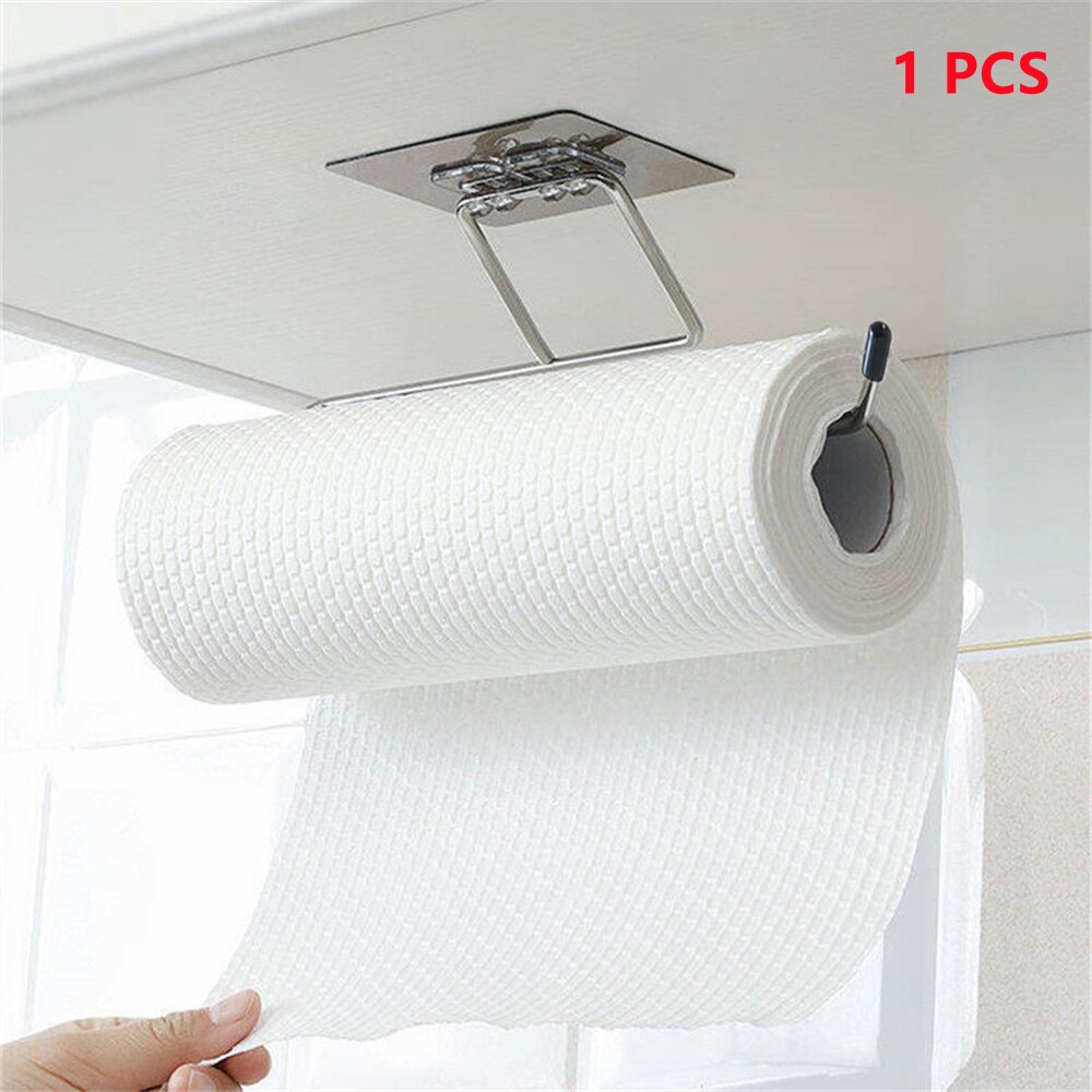 Adhesive Hanging Paper Roll Towel Holder Bathroom Toilet Storage Stand Kitchen Organizer Napkin Rack Stainless Steel Wall Mount: WHITE