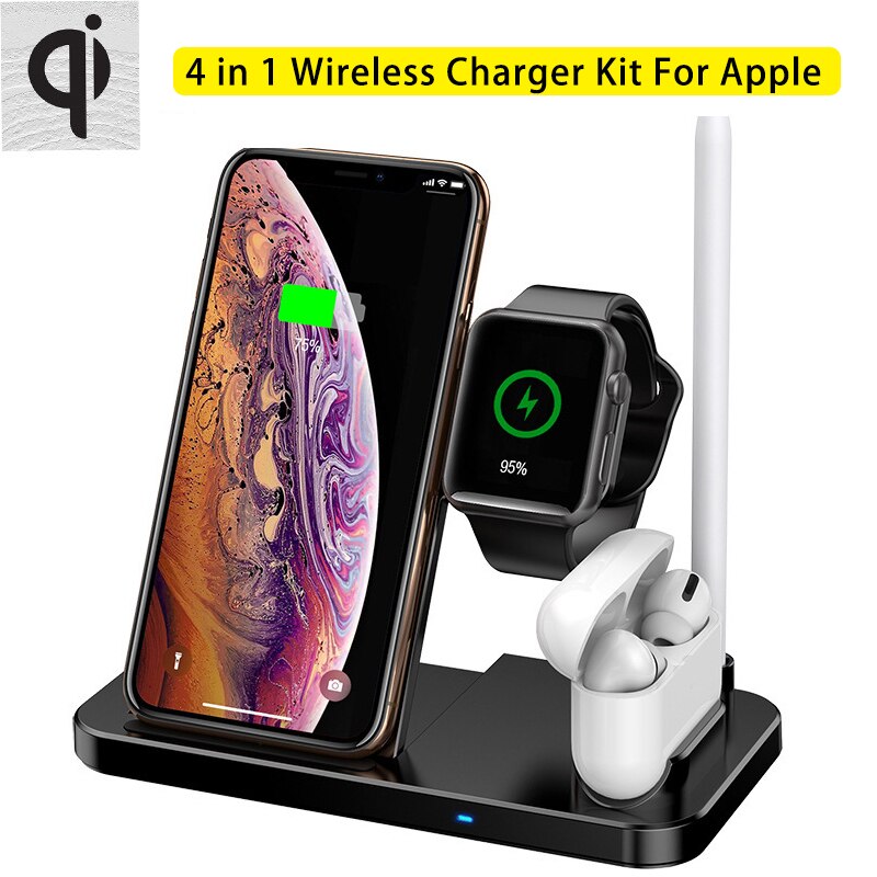 4-in-1 Wireless Charger Stand for iPhone, Apple Watch, AirPods - 15W Qi Fast Charging Desk Holder