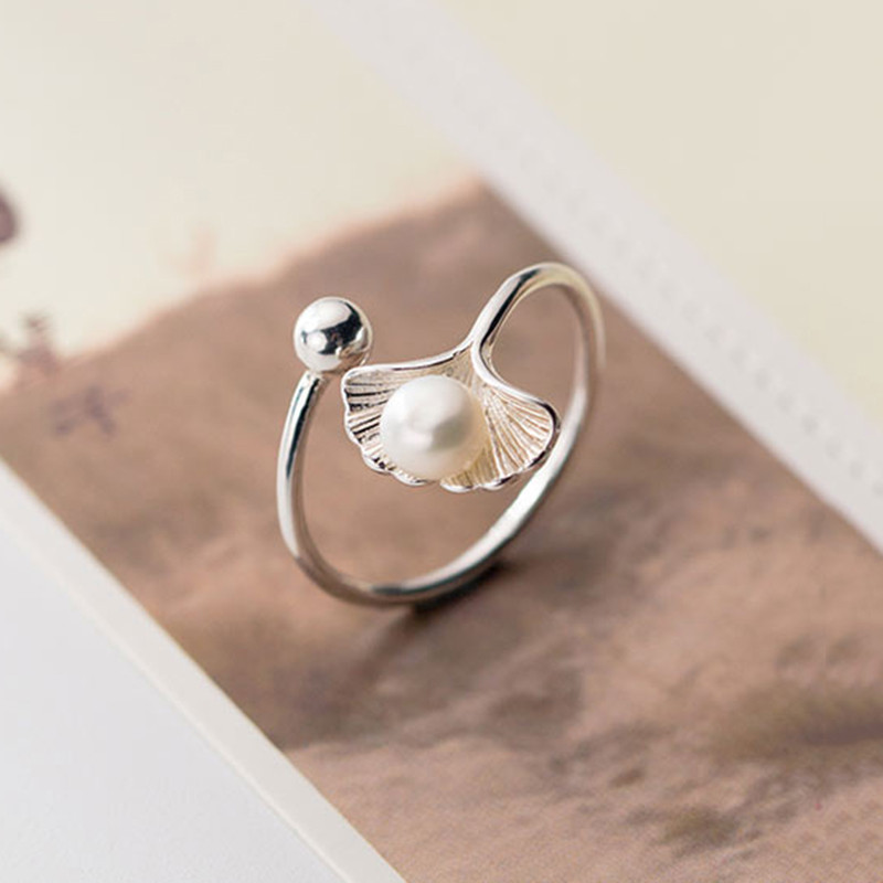 Real 925 Sterling Silver Pearl Plant Ring For Women Fine Jewelry Cute Minimalist Accessories