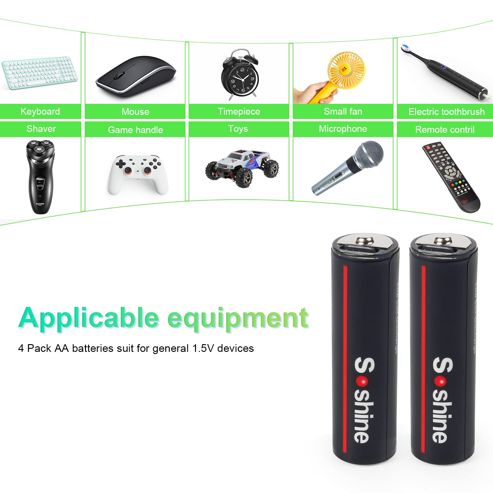 Soshine 2600 mWh USB wiederaufladbare Lithium-Batterien 1,5 V AA Li-Ion-Batterie 1200-facher Zyklus für Uhren, Fernbedienungskameras, Taschenlampe