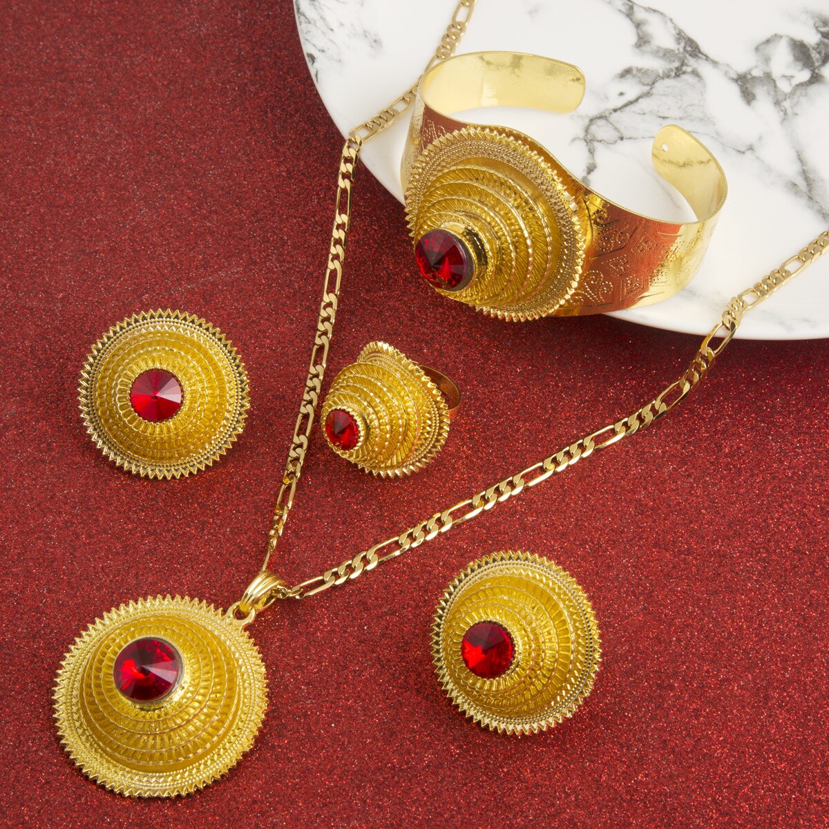 Set di gioielli da sposa con collana con ciondolo in zircone rosso oro etiopia per orecchini da donna con anelli etnici etiopi in Africa