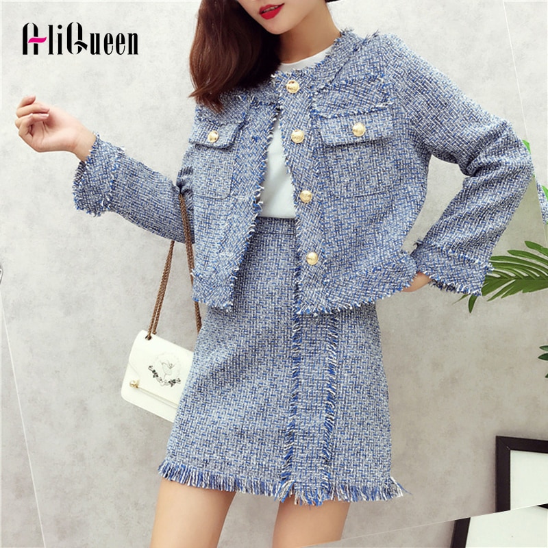 Tweed Set Suit Autumn Winter Runway Women's Single Breasted Short Jacket Coat + High Waist Tassels Bodycon Mini Skirt Set