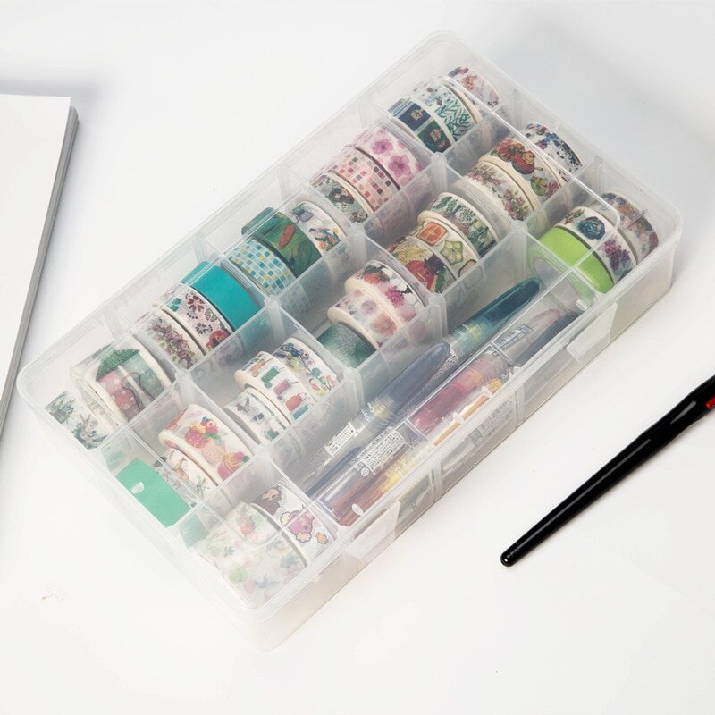 Clear Crafts Organizer Storage Box 15 Compartments box for Washi Tape Art Supplies and Sticker Stationery