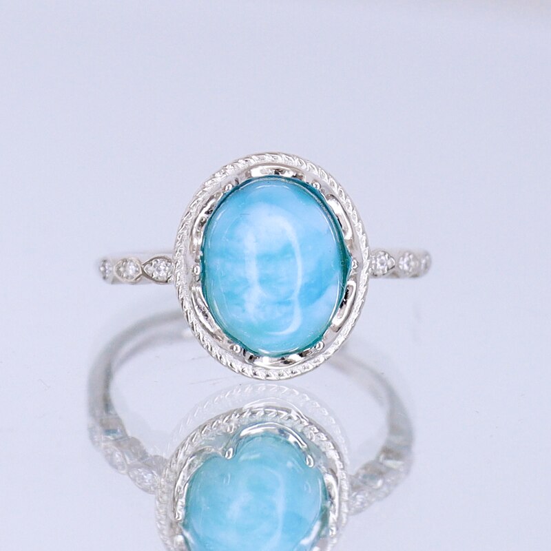 Haiwen Stone Ring Larimar Cute Personality Adjustable Geometry Round Ring Fine Jewelry For Women Party