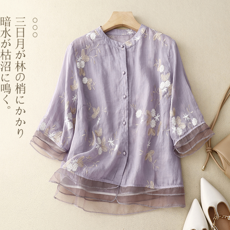 Frühling Sommer Frauen Hemd Bluse gespleißt Dreiviertel Gaze Stand Hals einreihig Brüste Folk bestickte Strickjacke Tops: XL / Lila