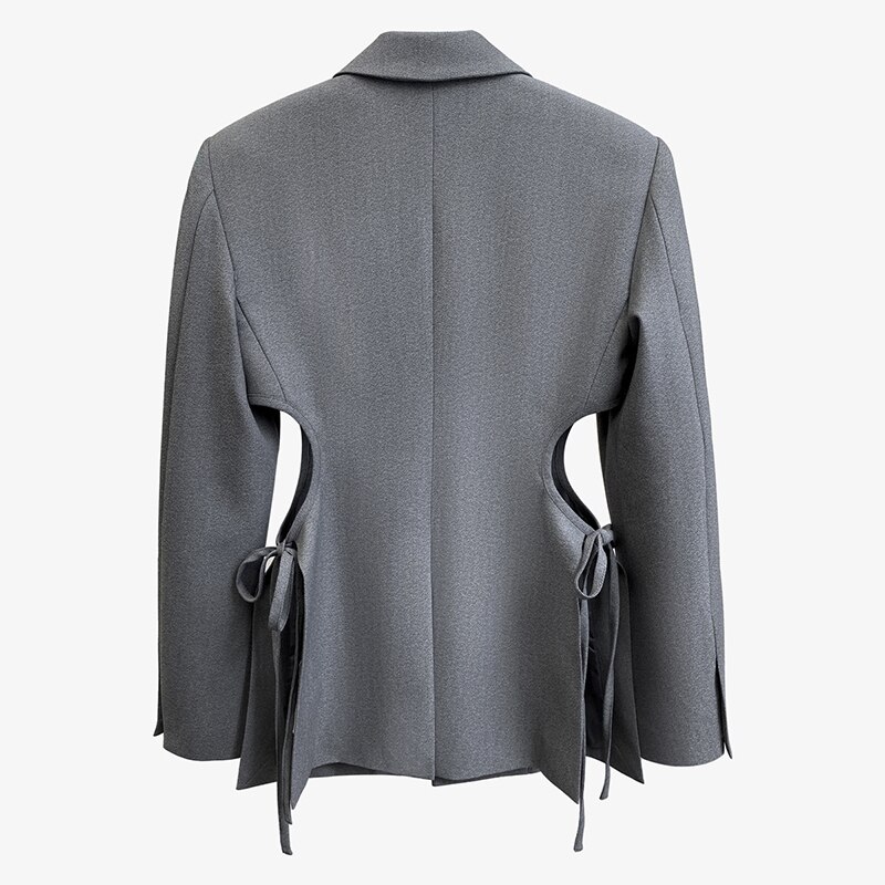 Twotwinstyle Hollow Out Lace Up Strik Blazer Voor Vrouwen Revers Lange Mouwen Casual Coat Vrouwelijke Mode Kleding Fall