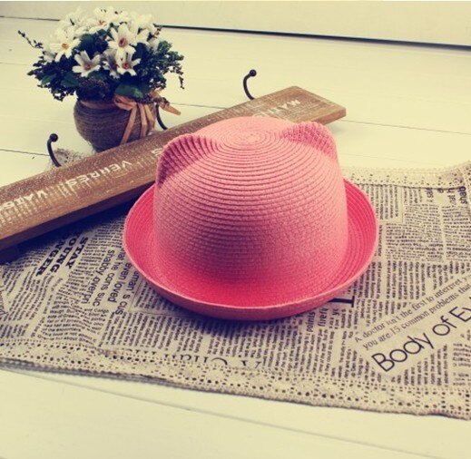 Women Wide Large Brim Floppy bohemia cat ear bunny ear adult Sun Straw Hat Cap: fuschia