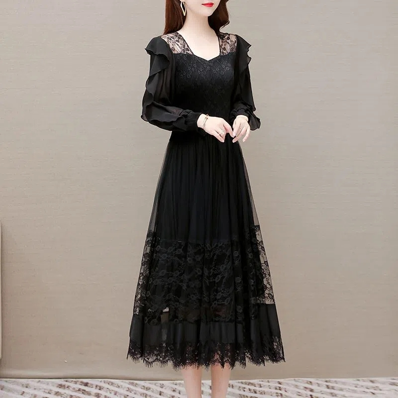 Hochwertiges kleid Rosa 2023 Frühling und Herbst Damen Langarm neue beliebte schwarze französische Mesh Spitze langes Kleid elastisch: XL / Blau