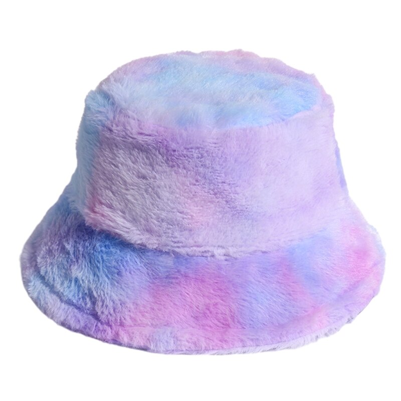 Women Winter Rainbow Colorful Tie Dye Bucket Hat Fluffy Fuzzy Plush Short Brim Sunscreen Thick Warm Panama Fisherman Cap: 2