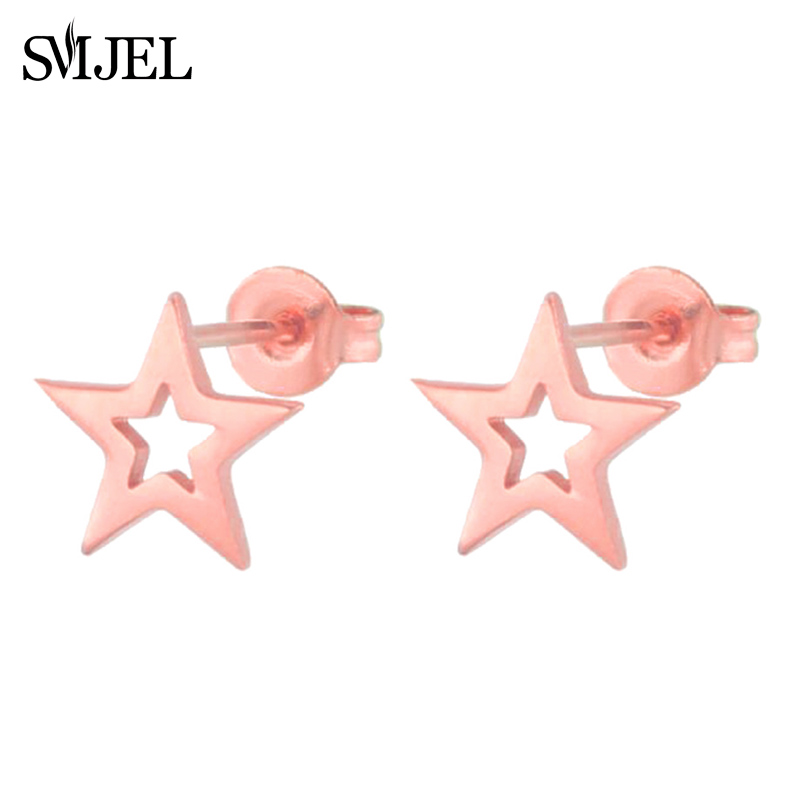 Nuevos pendientes de tuerca de estrella hueca de acero inoxidable para mujer, joyería de de cumpleaños Celestial para el día a día, adolescente y madre: Rodio plateado