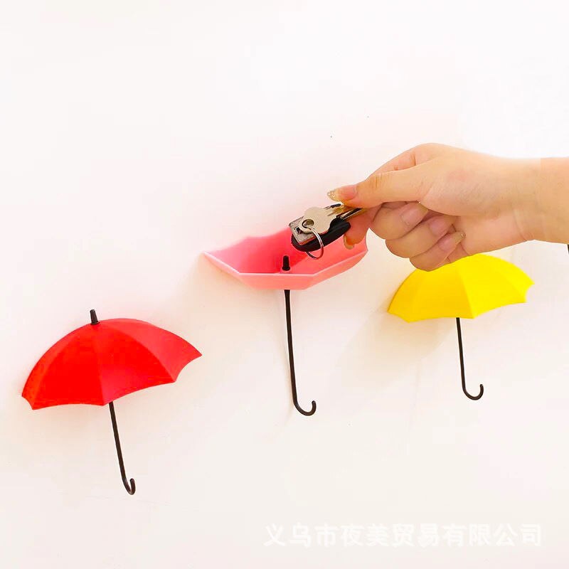 3Pcs Umbrella Shape Hook Wall Hanger Rack Small Items Kitchen Bathroom Wall Mounted Decor Hook Household Multi-purpose Holder: Pink red yellow