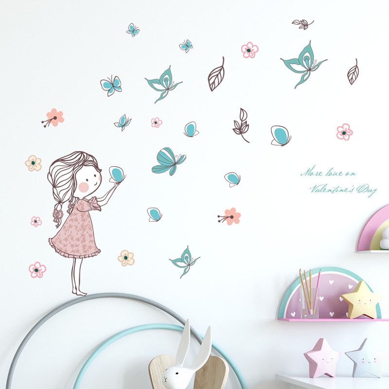 Flying Butterfly Girl Wall Stickers Bedroom Girls Room Home Decoration Art Mural Cartoon Stickers Children's Room Wallpaper