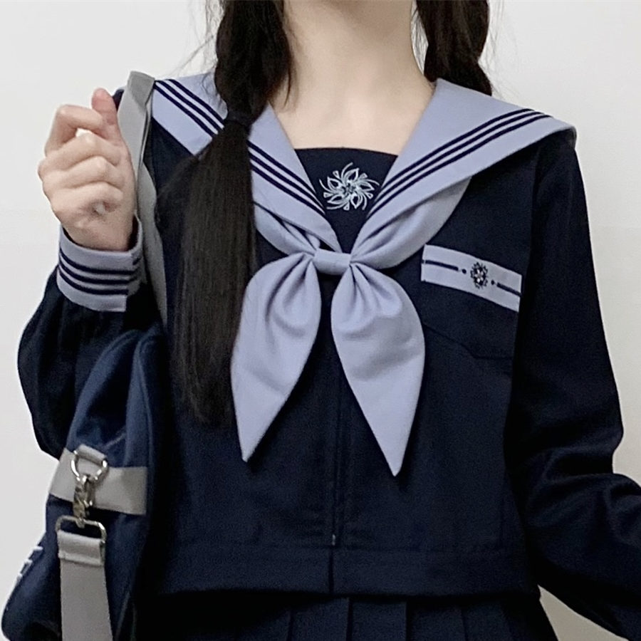 Japansk jk-uniform preppy-stil sjömansdräkt söt blå lång kortärmad topp med åtsittande midja och plisserad kjol för flicka: Xs / Svart