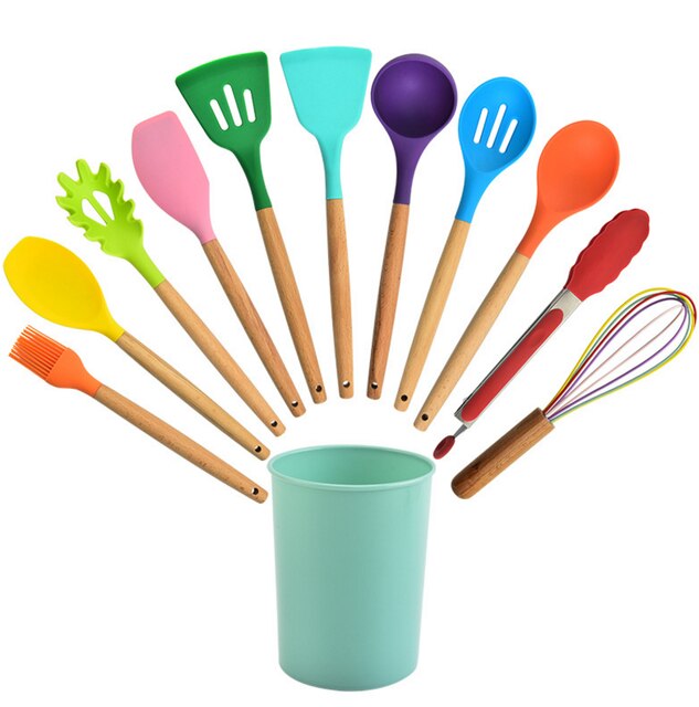 Ustensiles de cuisine en silicone, manche en bois, pelle antiadhésive, cuillère, ustensiles de cuisine, nouvelle couleur, ensemble d'ustensiles de cuisine: 12 pcs