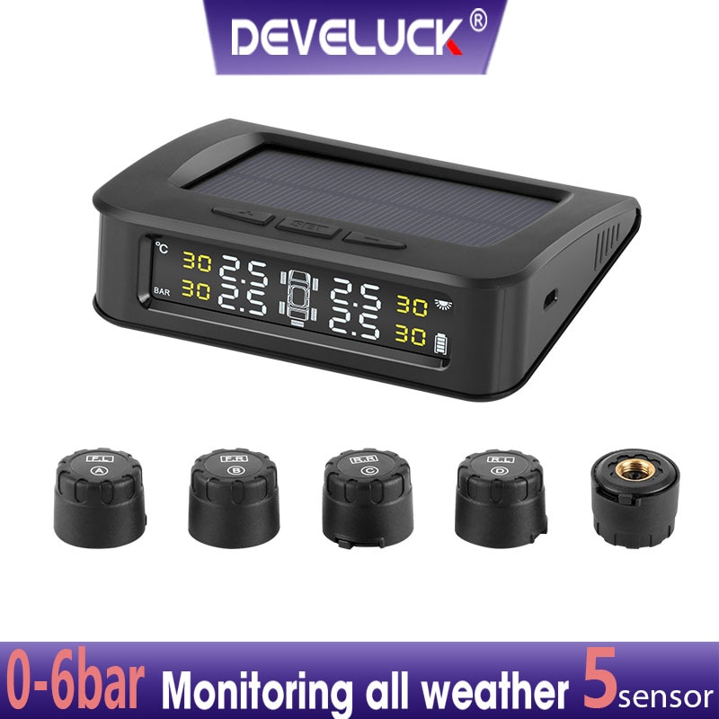 Tpms bil 5 dæksensorer trykalarm monitor system display sol ladning tryk kontrol advarsel med eksterne sensorer 6 bar