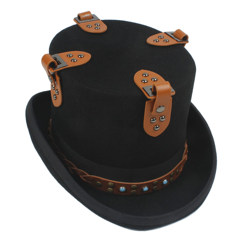 Black Steampunk Top Hat Voor Vrouwen Mannen Wol Stoom Punk Versnelling Hoed Millinery Fedora Bril Party Cosplay Cap Steampunk Hoed