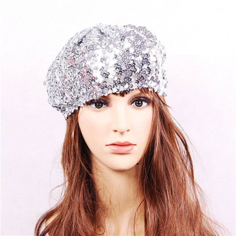 Women Sequin Berets Bling Stretch Metallic Shining French Beret Hat Beanie Clubwear Cap