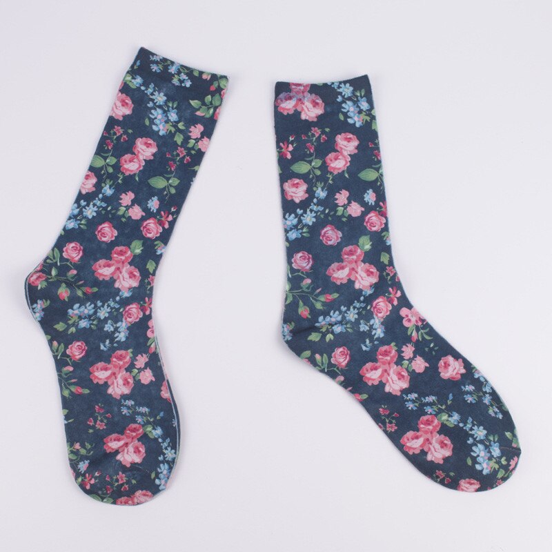 Frauen Garten Blumen- Mittlere Waden Socken retro Blume Druck Baumwolle Socken Atmungsaktiv Weich Stilvolle Sox 3 Paar einstellen: 3 paar (dunkel blau)