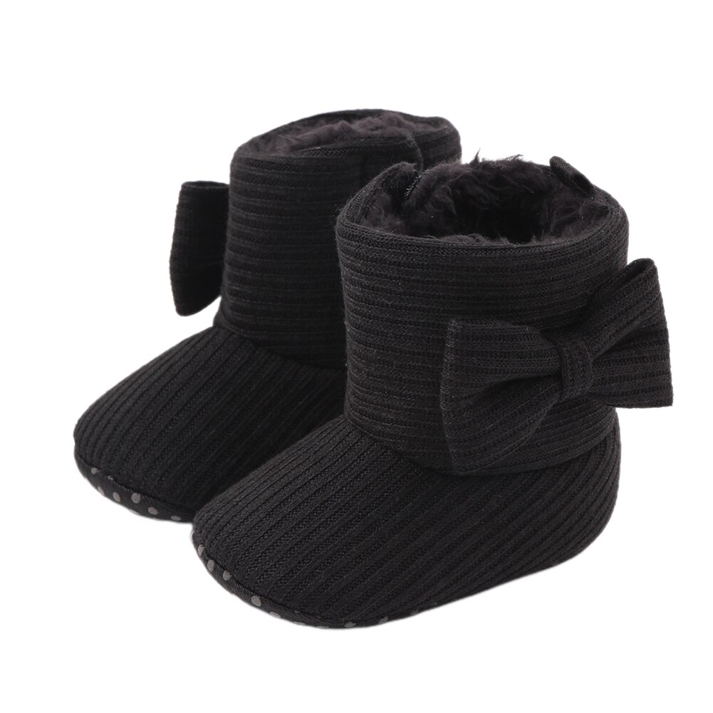 Pudcoco bebis flickor pojkar snöstövlar vinter varm solid mjuk sula halkskydd spjälsäng skor mysiga bowknot tossor: Svart / 0-6 månader
