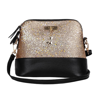 Mode Lovertjes Vrouwen Tassen Pu Leer Vrouwen Messenger Bag Effen Kleur Rits Schoudertas Herten Shell Tas: NewBlackGold