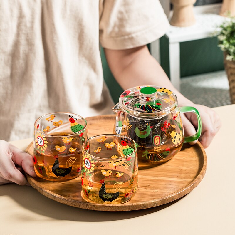 Braziliaanse Stijl Schildpad Kip Afdrukken Theewaar Glazen Theepot Voor Kachel Hittebestendige Temperatuur Explosieveilige Thee Zetgroep
