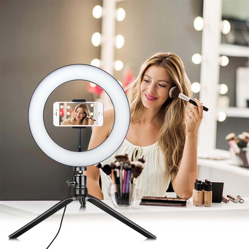 LED Ring Fill-Light Lamp Tripod Stand With Light Foldable Selfie Camera Phone Holder Studio Video Dimmable Desktop Light Rack