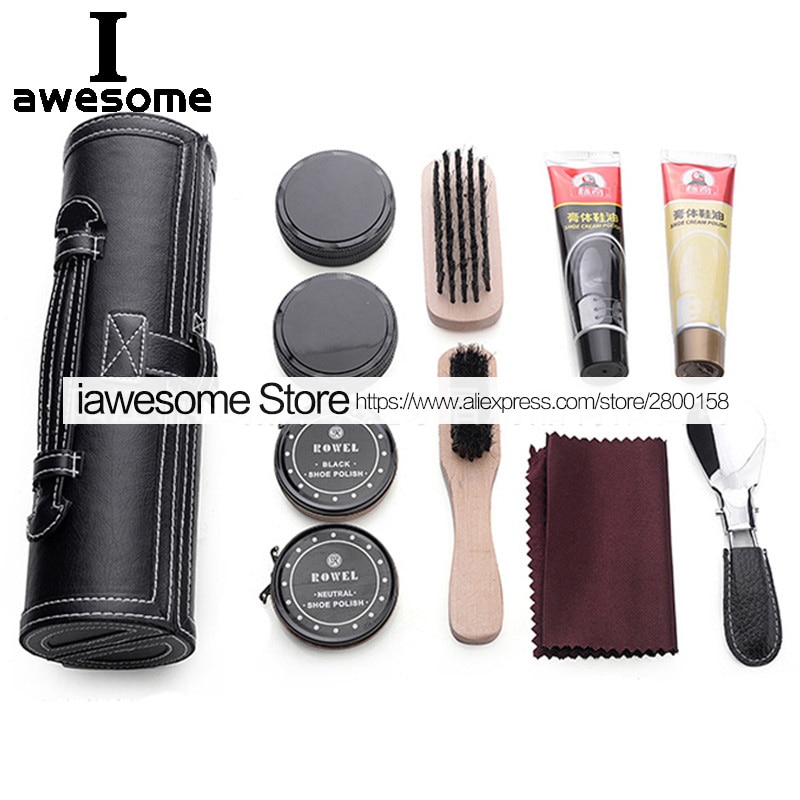 Kit para el cuidado de zapatos, juego de limpieza portátil para zapatos de cuero, botas, zapatillas, cepillo de pulido, cuerno, herramienta de pulido brillante,