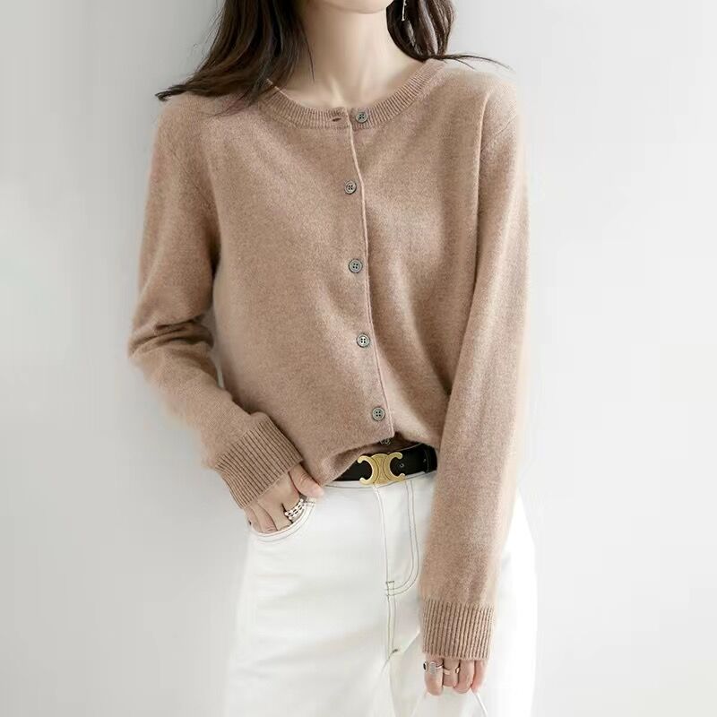 Cárdigans para mujer, suéter con cuello redondo, cárdigans tejidos de Cachemira para primavera y otoño, suéteres lisos de un solo pecho para mujer DF4934: S / Caqui