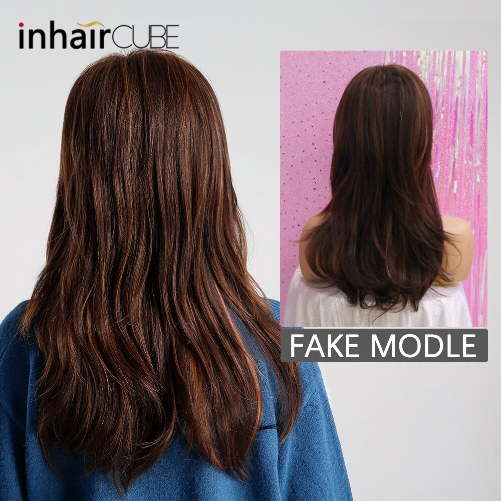 INHAIR CUBE Women Wigs 20 Inches Synthetic Blend Hair Natural Straight Short Wigs Gray Free Wig Cap With Bangs