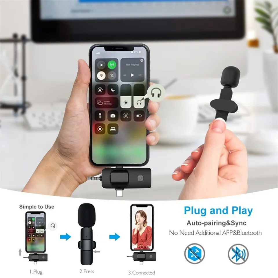 4-in-1 kabelloses Lavalier-Mikrofon für iPhone und Android, 3,5 mm, für Radio, Live-Aufnahme, Rauschunterdrückung, professionelles Mini-Mikrofon