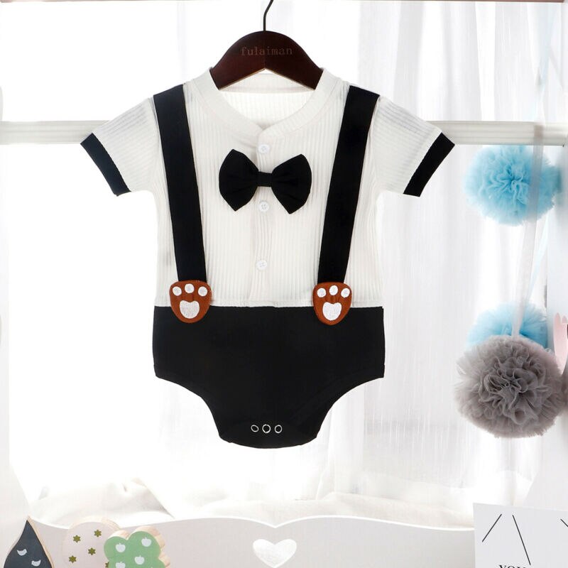 Pudcoco Toddler Baby Boy Bodysuit Gentleman Clothes Outfit Patchwork Short Sleeve Bodysuit Jumpsuit W/Tie Clothes Set 0-24M