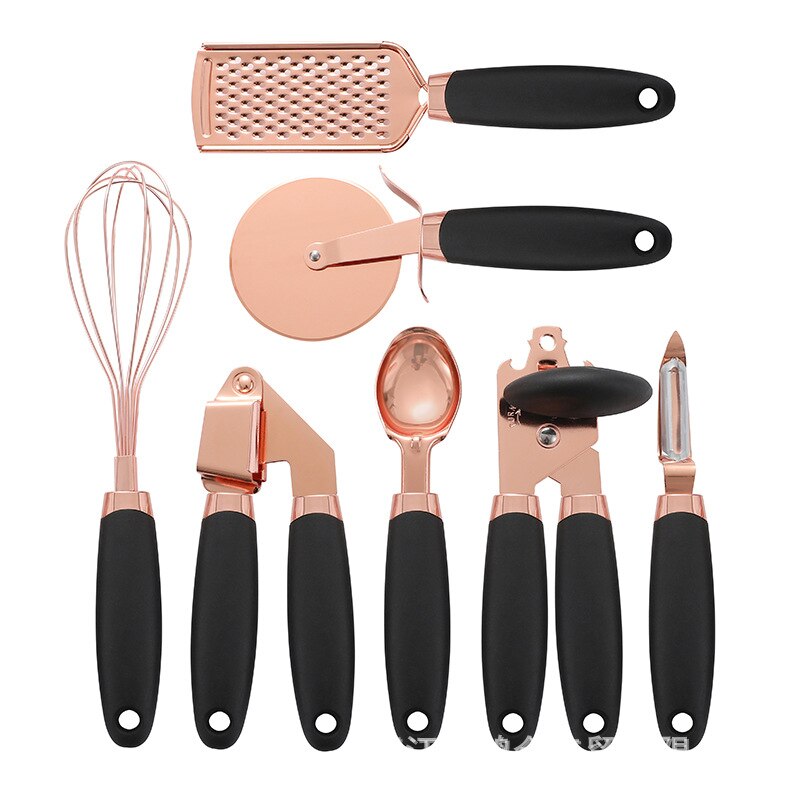 Kopparpläterad köksutrustning 7 -delars set exklusivt köksredskap matlagningstillbehör vitlökspress pizzaskärare skopa skalare ostrivjärn: Svart