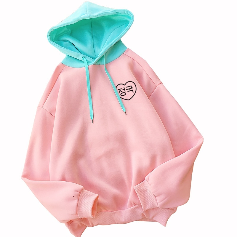 Sudaderas con capucha Harajuku coreanas con letras estampadas en corazón para mujer, Otoño Invierno, sudaderas de colores contrastantes, ropa de calle de para mujer Vs rosa