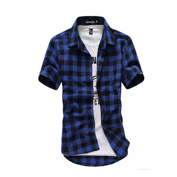 Rød og svart rutete skjorte herre skjorter sommer chemise homme mens rutete skjorter kortermet skjorte for menn bluse: Mørke blå / L
