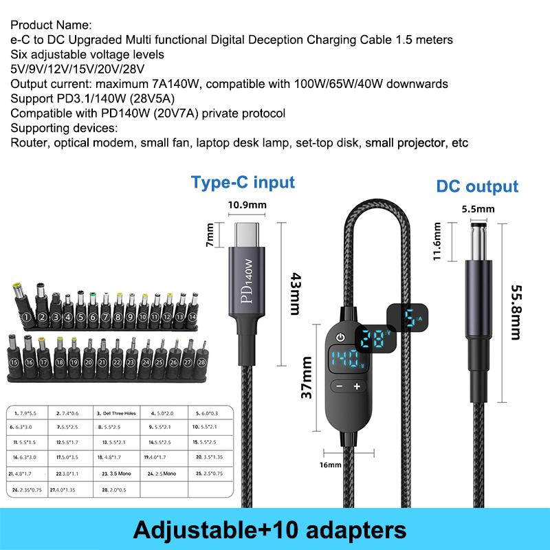 USB C Naar DC Power Boost Kabel Verstelbare Spanning Adapter Connector Cord Voor Laptop Router PD140W/5 V/9 V/12 V/15 V/20 V/28 V: WIT