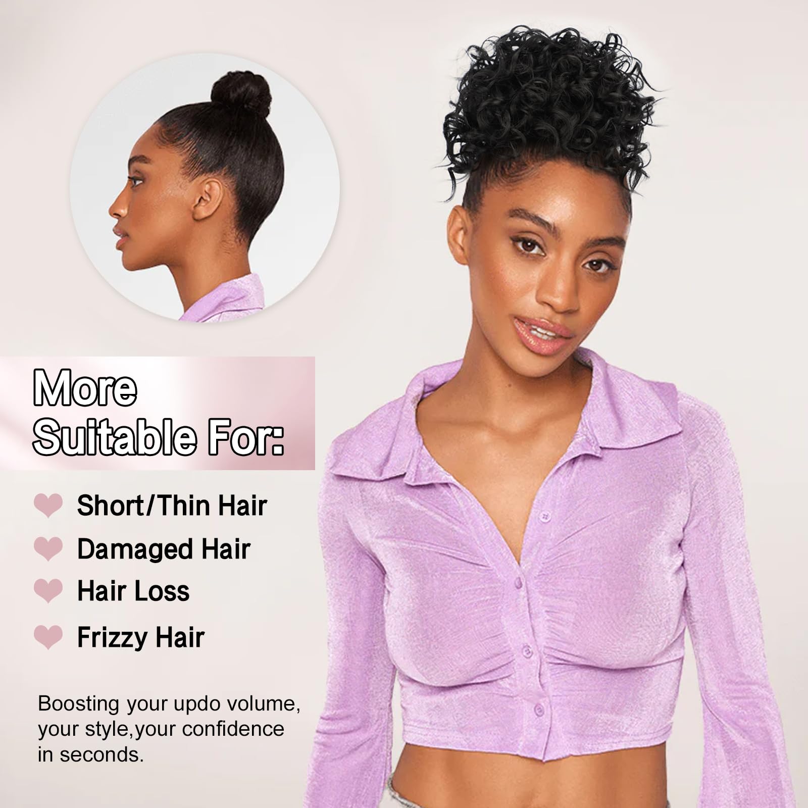 Coque de cabelo bagunçado, peça de cabelo com cordão elástico, onda solta, grande coque encaracolado, 60 gramas, extensão de rabo de cavalo sintético curto para mulheres