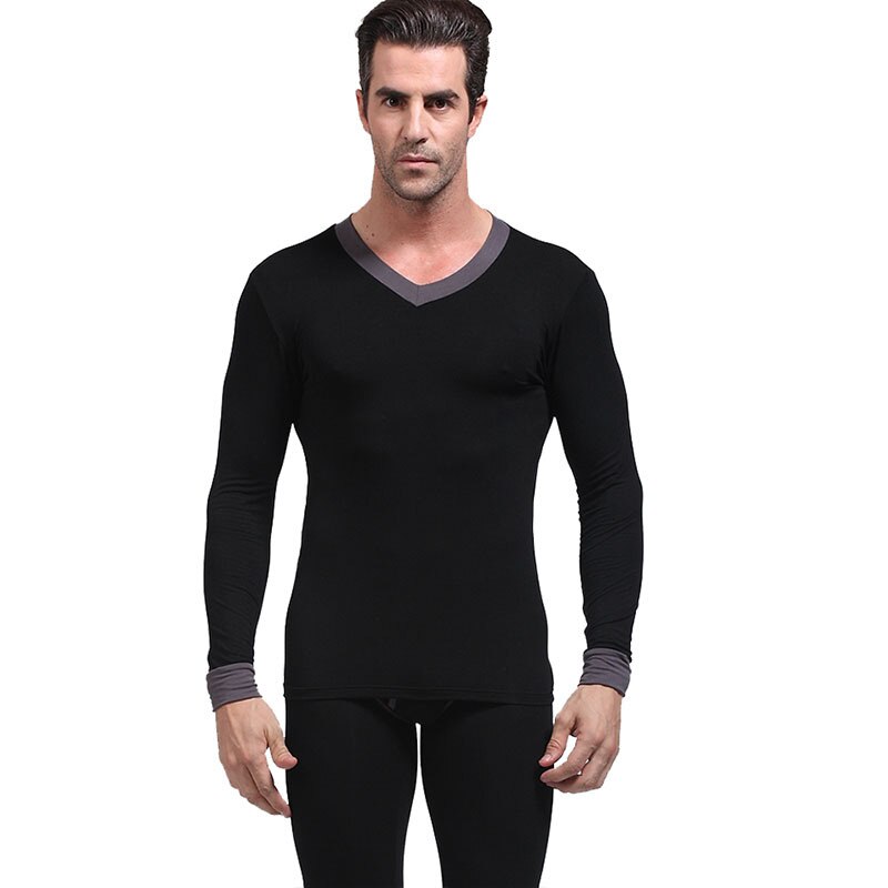 AOELEMENT Men's V-neck Underwear Set Modal Slim-fit Autumn Clothes Long Johns Mens Thermal Base Suit To Keep Warm Leggings: Black / XXXL
