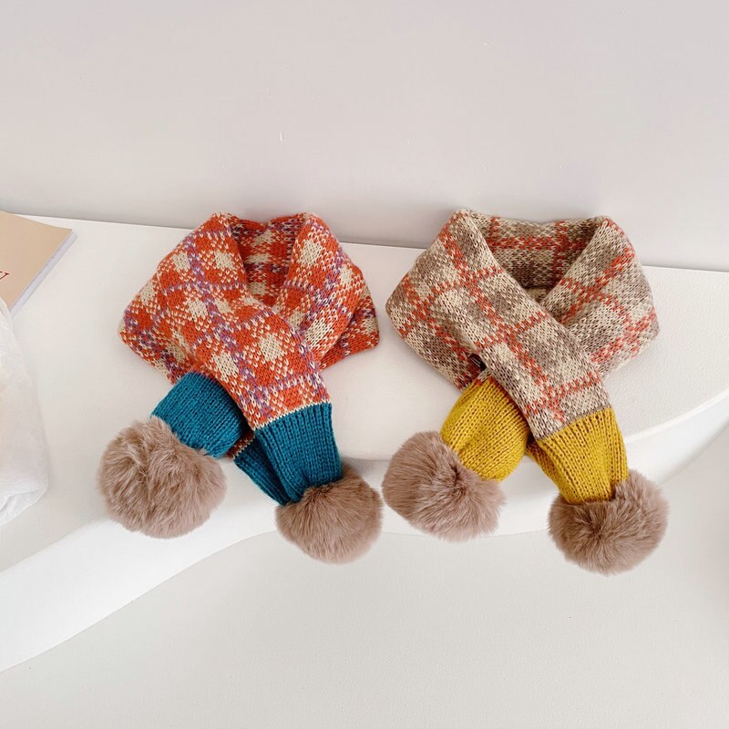 Mode Stiksels Plaid Kinderen Pompom Cross Sjaal Herfst En Winter Jongens En Meisjes Baby Warm Gebreide Sjaals