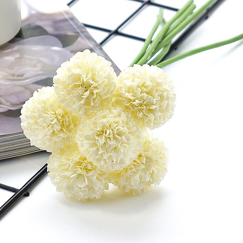 6 stk / bundt mini krysantemum blomsterkugle silke kunstige blomster til bryllupsdekoration brude blomster: Hvid