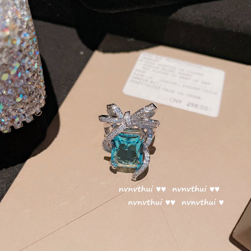 brillant Meer Blau CZ Stein Schmuck einstellen Damen Silber Farbe Bowknot Hochzeit Engagement Braut Partei Schmuck: Ring