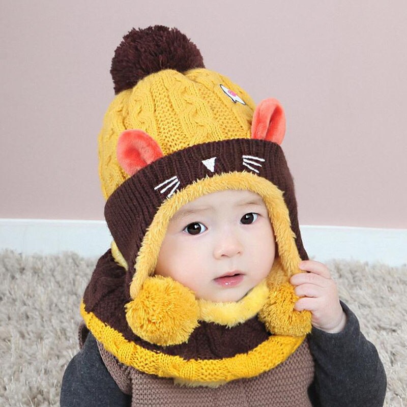 Doitbest 1 to 4 år gammel tegneserie killing fløjl uld børn drenge beanies strikkede pelshatte vinter 2 stk baby pige tørklæde hat sæt: Gul