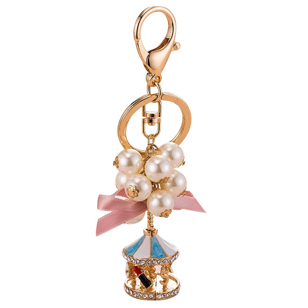 Carousel Keychain Women Pendant For Handbag Bag Exquisite Pearl String Carousel Car Key Chain Girls Bag Car Strap Pendant: Blue